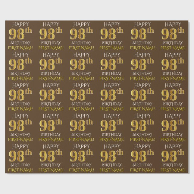 Brown, Faux Gold "HAPPY 98th BIRTHDAY" Wrapping Paper (Flat)