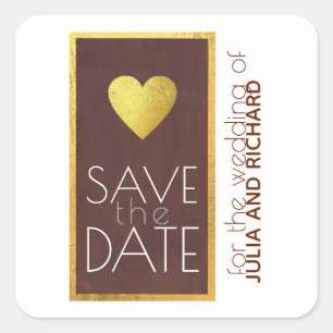 brown faux gold love heart save-the-date wedding square sticker