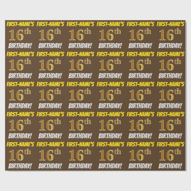 Brown, Faux/Imitation Gold, "16th BIRTHDAY" Wrapping Paper (Flat)