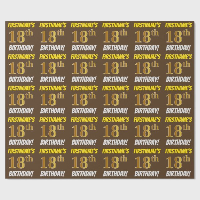 Brown, Faux/Imitation Gold, "18th BIRTHDAY" Wrapping Paper (Flat)