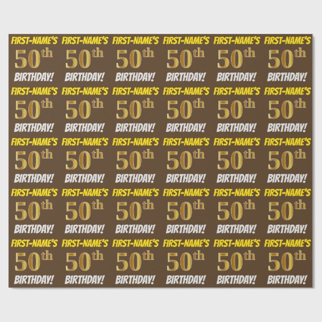 Brown, Faux/Imitation Gold, "50th BIRTHDAY" Wrapping Paper (Flat)