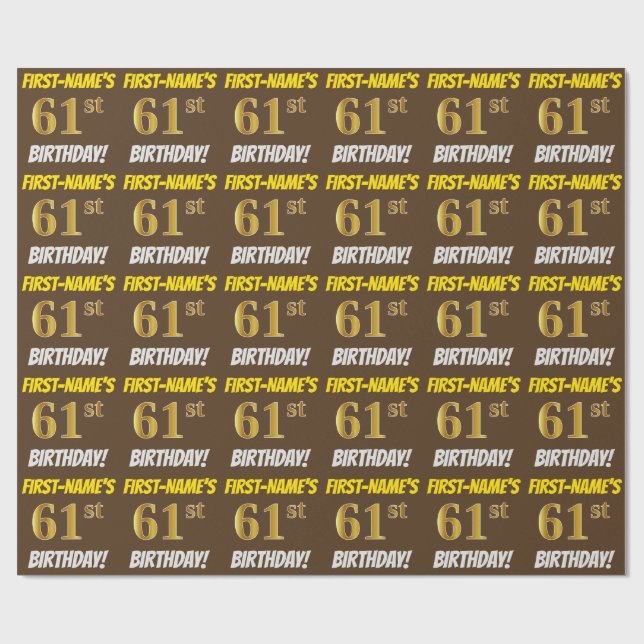 Brown, Faux/Imitation Gold, "61st BIRTHDAY" Wrapping Paper (Flat)