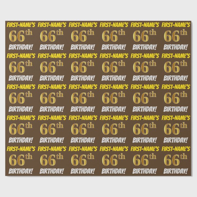 Brown, Faux/Imitation Gold, "66th BIRTHDAY" Wrapping Paper (Flat)