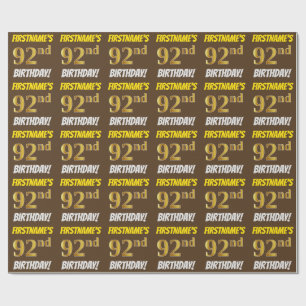 Brown, Faux/Imitation Gold, "92nd BIRTHDAY" Wrapping Paper