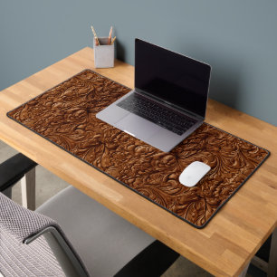 Brown Faux Leather Floral Leaf Pattern Desk Mat