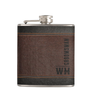 Brown Faux Leather Monogram Groomsman Gift Hip Flask