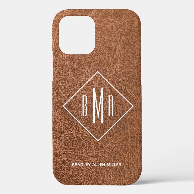 Brown Faux Leather Monogrammed Case-Mate iPhone Case (Back)