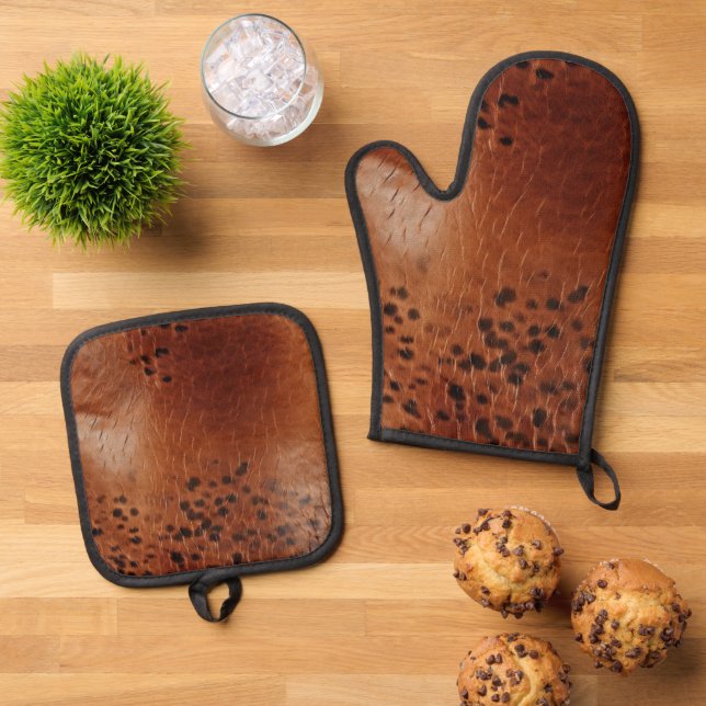 Brown Faux Leather  Oven Mitt & Pot Holder Set (Top Down)