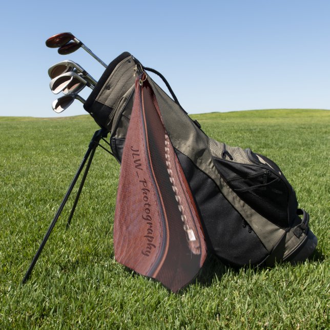 Brown Faux Leather Satin Zipper Personalised Golf Towel (Green)