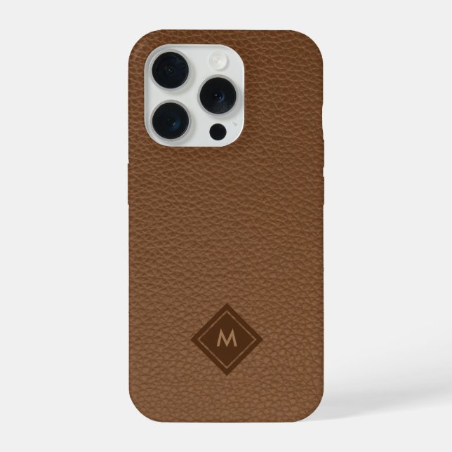 Brown Faux Leather Texture Monogram iPhone Case (Back)