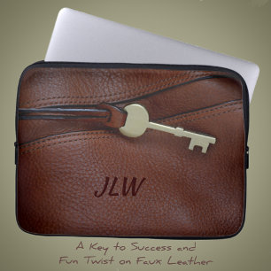 Brown Faux Leather with Key and Monogram Laptop Sleeve