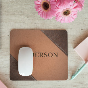 Brown Faux Leather With Sewing Stitches Effect Mouse Pad