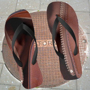 Brown Faux Leather Zipper Photographic Jandals
