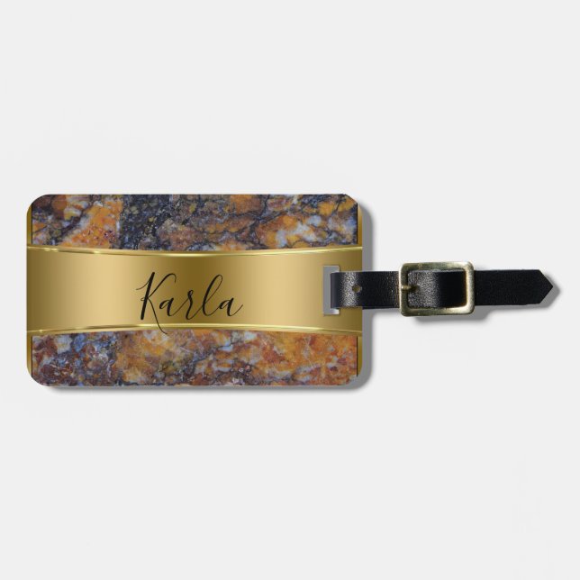 Brown Faux Marble & Metallic Gold Luggage Tag (Front Horizontal)