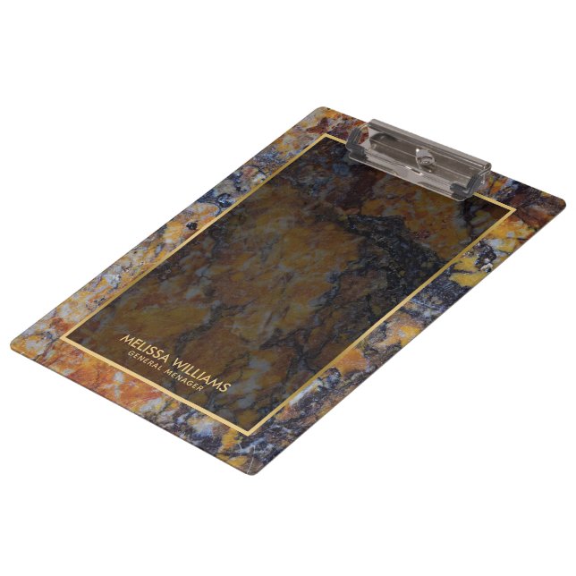 Brown Faux Marble Stone Texture Gold Border Clipboard (Angled)