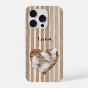 Brown Faux Wood Heart White Butterflies Love iPhone 15 Pro Case