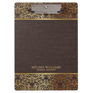 Brown Faux Wood With Gold Swirls Border Clipboard