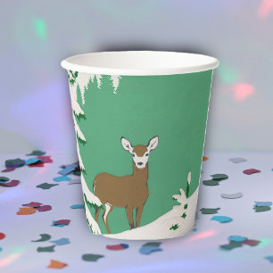 Brown Female Deer in Snow Pine Tree Mint Green Paper Cups