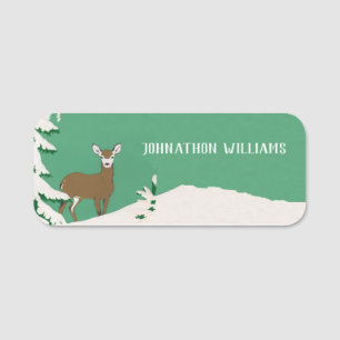 Brown Female Deer Pine Tree in Snow Mint Green Name Tag