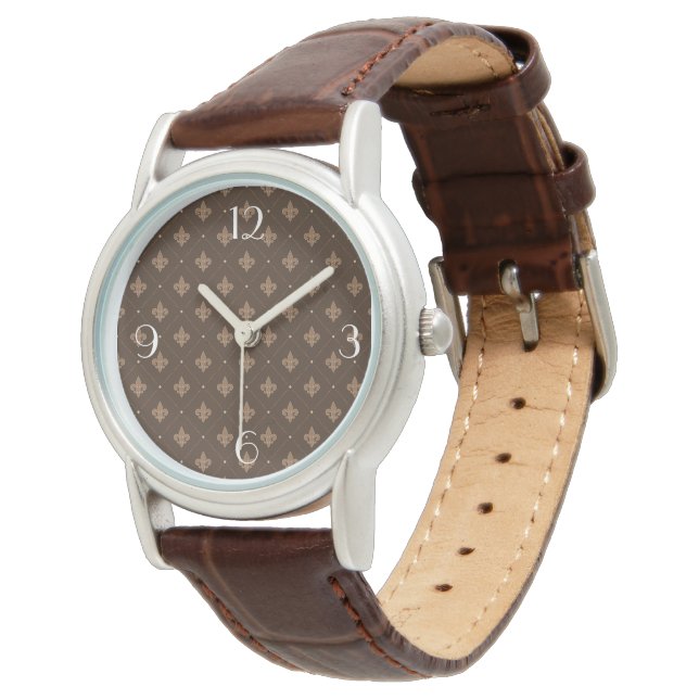 Brown Fleur De Lis French Damask Pattern Watch (Angled)