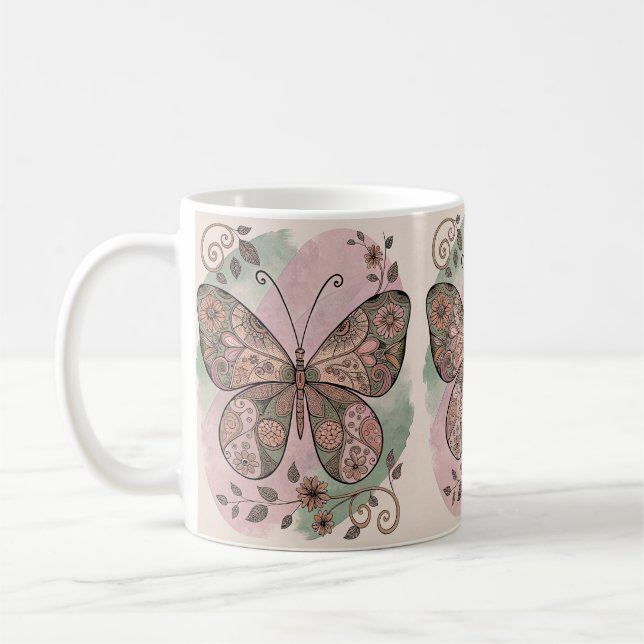 Brown Floral Collage Butterfly  Coffee Mug (Left)