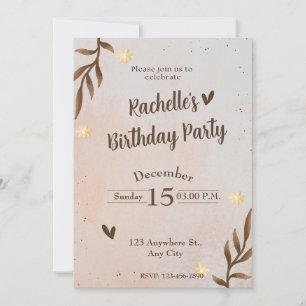 Brown Floral Leaves Birthday Invitation
