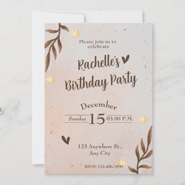 Brown Floral  Leaves Birthday  Invitation (Front)