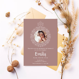 Brown Floral Minimalist Photo Baptism Invitation