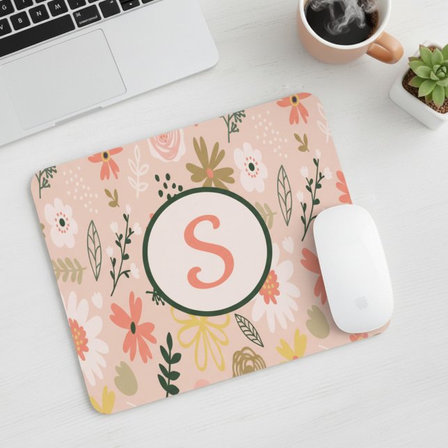 Brown Floral Monogram Square Mouse Pad (Creator Uploaded)