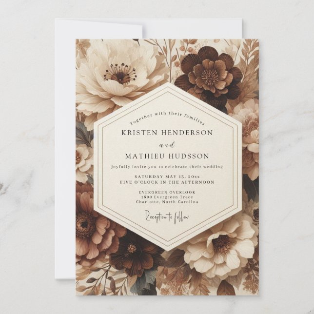 Brown Floral Opulent Wedding Invitation (Front)