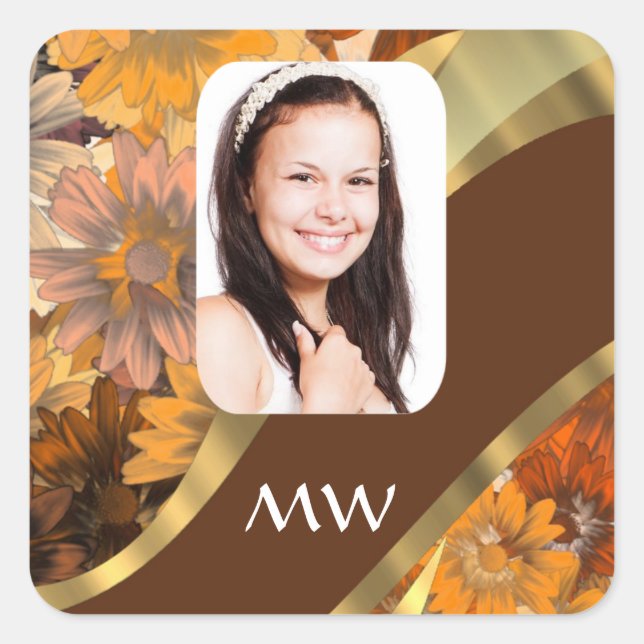 Brown floral photo template square sticker (Front)