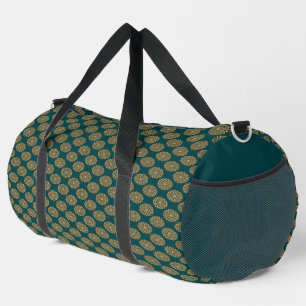 Brown floral print on green duffle bag