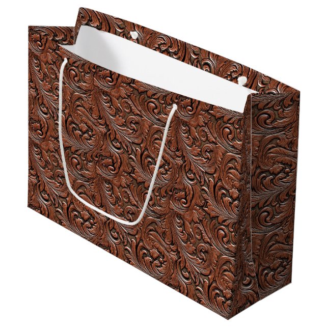 Brown floral tooled embossed leather western large gift bag (Front Angled)
