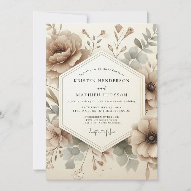 Brown Floral Vintage Romance Wedding Invitation (Front)