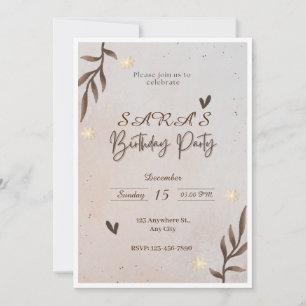 Brown Floral Watercolor Leaves Birthday Invitation