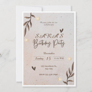 Brown Floral Watercolor Leaves Birthday Invitation