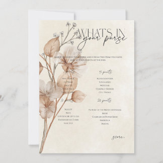 Brown Floral Whats in your Purse Game Invitation
