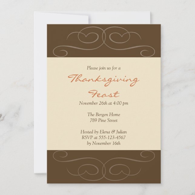Brown florish fall custom Thanksgiving invitation (Front)