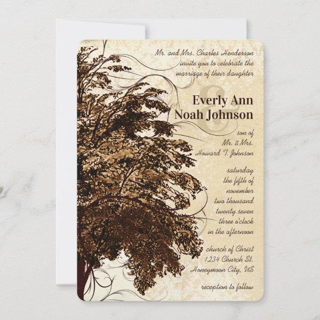 Brown Flourish Oak Tree Wedding Invitation (Front)