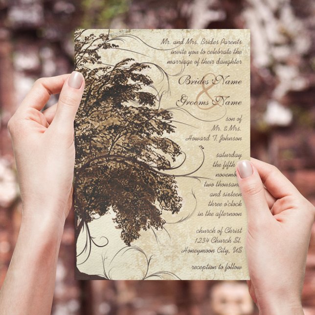 Brown Flourish Oak Tree Wedding Invitation (Creator Uploaded)
