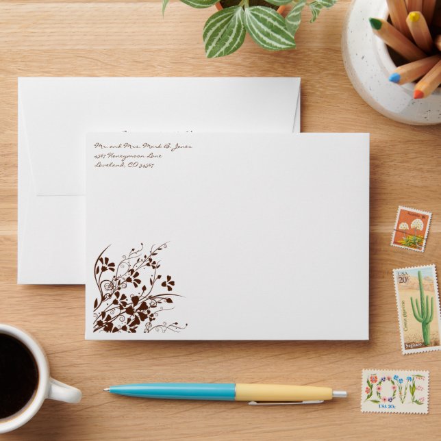 Brown Flower Swirl Wedding Envelopes (Desk)