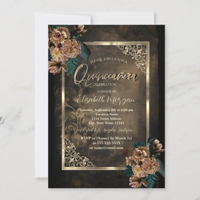 Brown Flowers Gold Frame Gothic Quinceañera Invitation (Front)