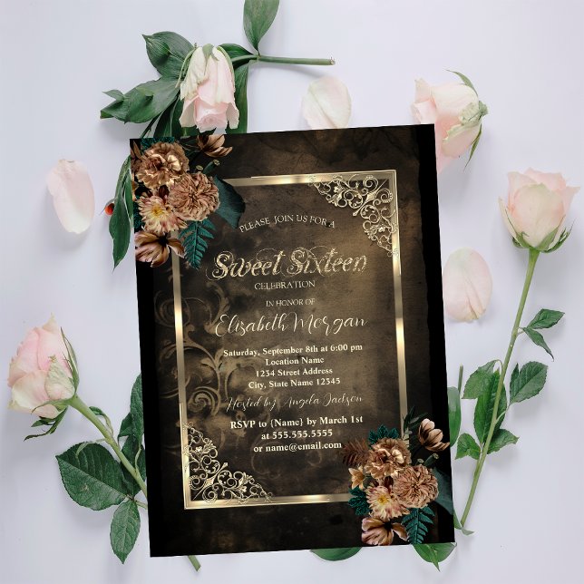 Brown Flowers Gold Frame Gothic Sweet 16 Invitation (Creator Uploaded)