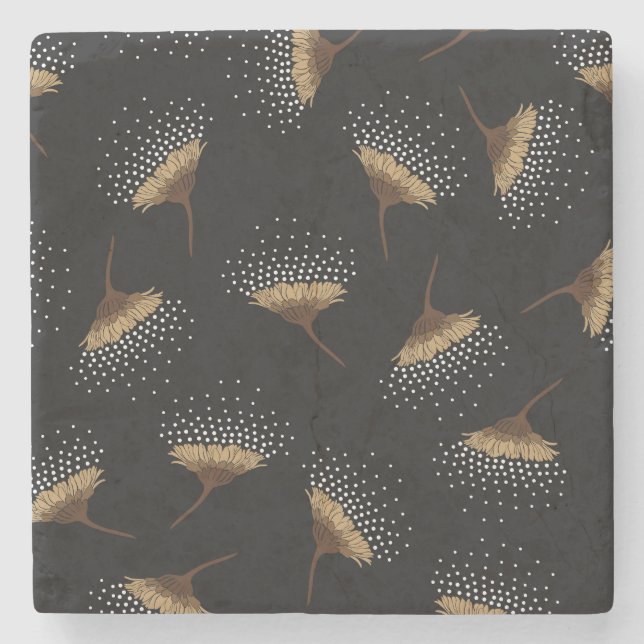 Brown flowers, seamless black background. stone coaster (Front)