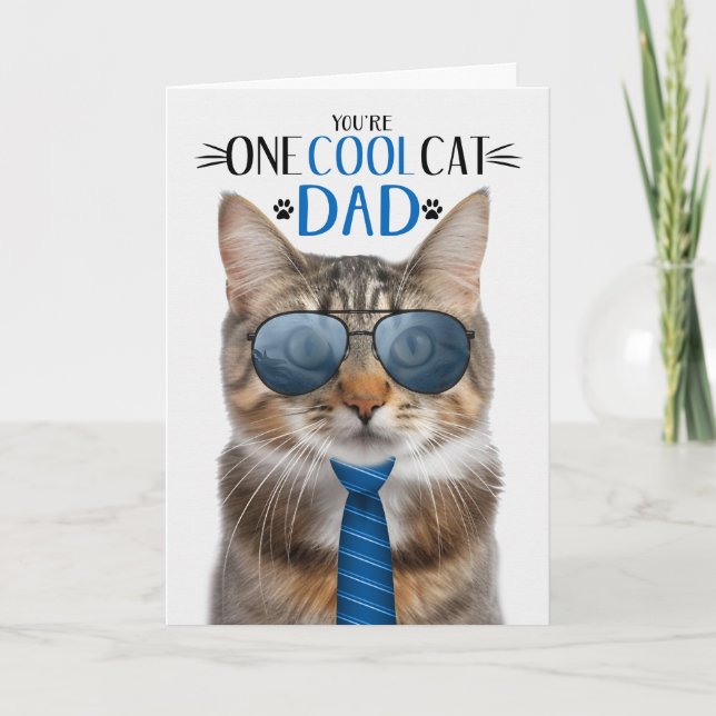 Brown Fluffy Tabby Cat Father's Day One Cool Cat Holiday Card (Front)