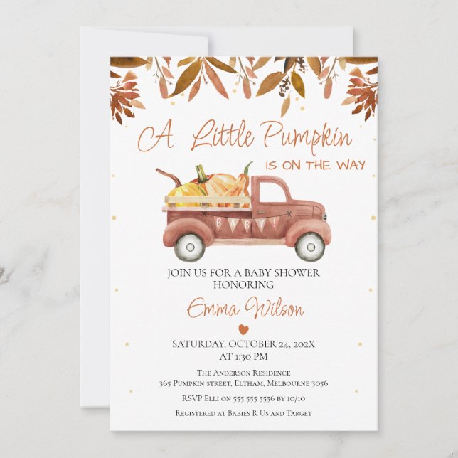 Brown Foliage Heart Pumpkin Truck Baby Shower  Invitation (Front)