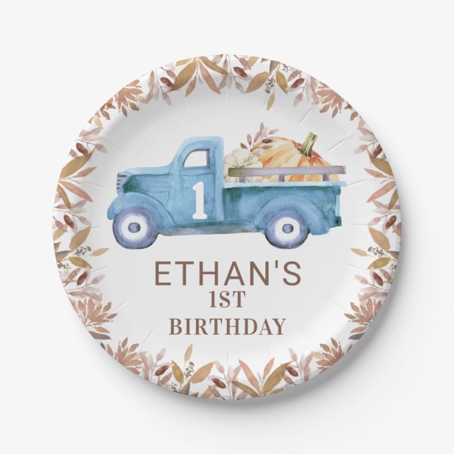 Brown Foliage Pumpkin Truck 1st Birthday Paper Plate (Front)