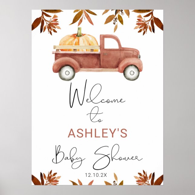 Brown Foliage Pumpkin Truck Baby Shower Welcome Poster (Front)