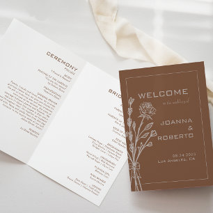 Brown Formal Rose Floral Trifold Wedding Program