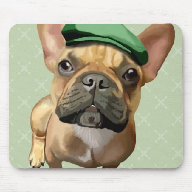 Brown French Bulldog with Green Hat Mouse Pad (Front)